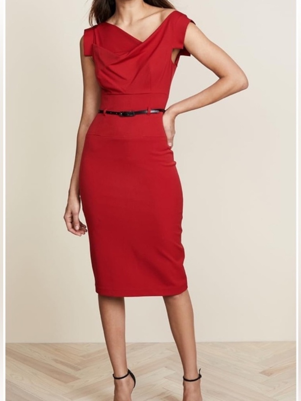 Black Halo Jackie O Belted Cocktail Sheath Dress Cherry Red Size 4